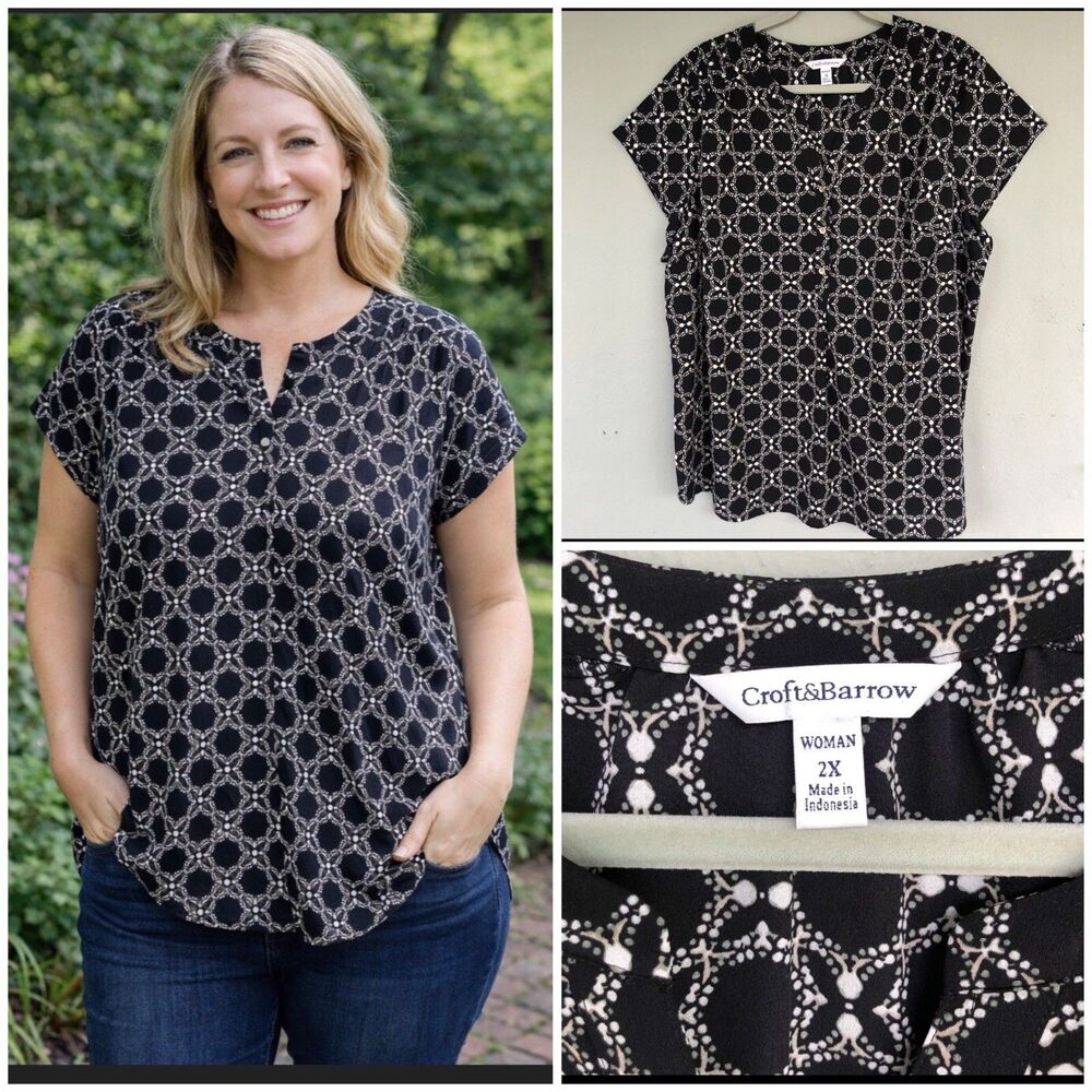 Croft & Barrow Blouse 2X Black White Geo Print Blouse Button Front Career Top